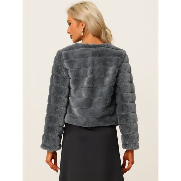 Winter Warm Cropped Jacket Collarless Faux Fur Fluffy Coat Gray - Picture 4 of 5